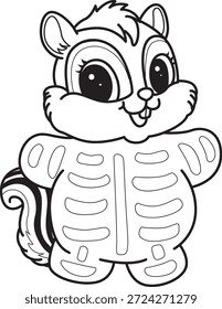 Libro para colorear del icono de Halloween de la etiqueta engomada linda de la ardilla. Esquema de la ardilla con un traje de calavera