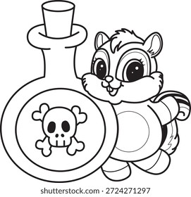 Malbuch des süßen Chipmunk Aufkleber Halloween Symbol. Umriss von Chipmunk bringen einen schwarzen toxischen Trank