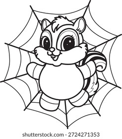 Libro para colorear del icono de Halloween de la etiqueta engomada linda de la ardilla. Esquema de la ardilla pegada en el Web de la araña