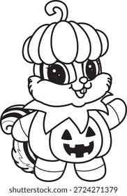 Libro para colorear del icono de Halloween de la etiqueta engomada linda de la ardilla. Esquema de la ardilla con un traje de calabaza en halloween