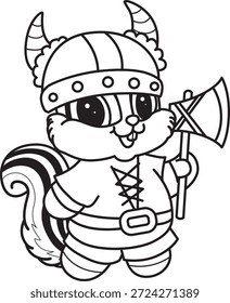 Libro para colorear del icono de Halloween de la etiqueta engomada linda de la ardilla. Esquema de la ardilla con un traje vikingo