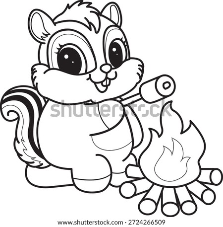 Coloring book of Cute Chipmunk sticker icon. Outline of Chipmunk roasting a marshmallow 