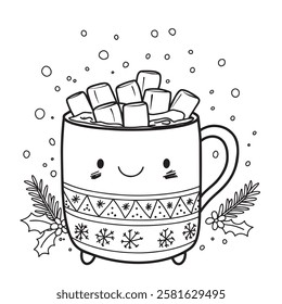 coloring book. cute christmas illustration, smiling cup of hot chocolate with marshmallows