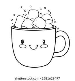 coloring book. cute christmas illustration, smiling cup of hot chocolate with marshmallows