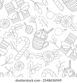 Libro para colorear. Lindo patrón de Vector de Navidad con regalos, caramelos. Impresión sin costuras para niños, en estilo doodle