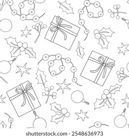 Malbuch. Nettes Weihnachts-Vektormuster mit Geschenken, Bonbons. Nahtloser Druck für Kinder, im Doodle-Stil