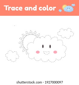 Colorante libro con una linda nube. Para niños en edad preescolar, preescolar y escolar. Hoja de cálculo de seguimiento. Desarrollo de finas habilidades motoras y escritura a mano. Ilustración vectorial.