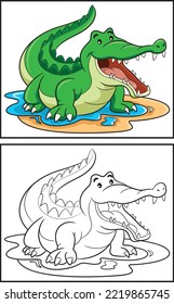 Coloring book cute crocodile. Coloring page and colorful clipart character. Vector cartoon illustration.