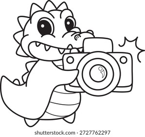Libro para colorear del icono lindo de la etiqueta engomada del cocodrilo. Esquema del Hacer clic de cocodrilo de la cámara