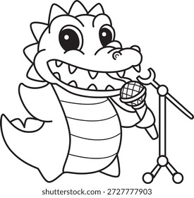 Libro para colorear del icono lindo de la etiqueta engomada del cocodrilo. Esquema de cocodrilo cantando una canción con micrófono