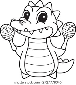 Libro para colorear del icono lindo de la etiqueta engomada del cocodrilo. Esquema de cocodrilo jugando a las maracas