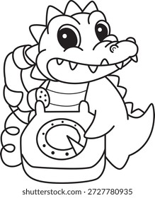 Libro para colorear del icono lindo de la etiqueta engomada del cocodrilo. Esquema de cocodrilo llamando a alguien por teléfono 