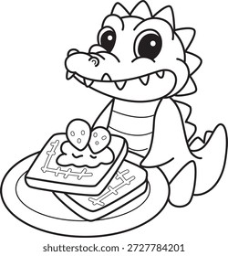 Libro para colorear del icono lindo de la etiqueta engomada del cocodrilo. Esquema de cocodrilo traer un pan de fresa