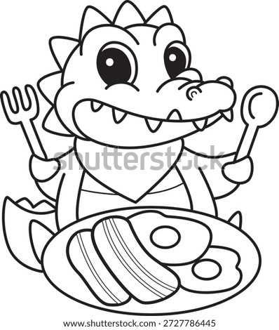 Coloring book of Cute crocodile sticker icon. Outline of crocodile want to eating bacon and egg