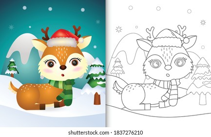 coloring book with a cute deer christmas characters with a santa hat and scarf