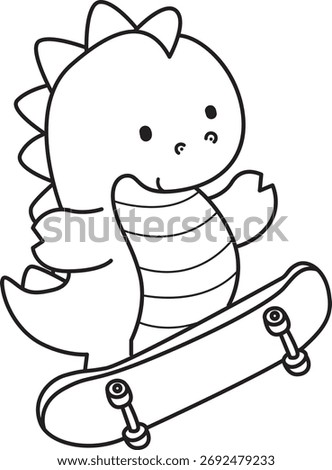 Coloring book of cute Dinosaur character vector clip art for children.  Outline of dinosaur playing a skateboard 