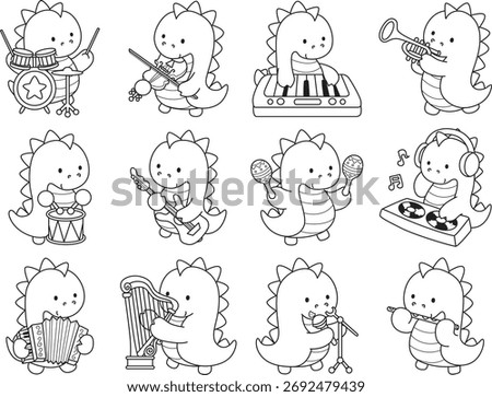 Coloring book of cute Dinosaur character vector clip art for children.  Outline of dinosaur in the variation of music and instrument.