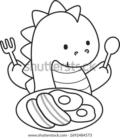 Coloring book of cute Dinosaur character vector clip art for children.  Outline of dinosaur want to eating bacon and eggs