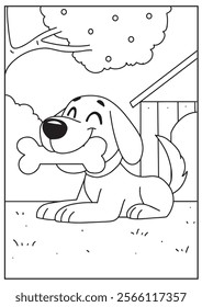 Coloring book cute  dog bite the bone under tree garden 