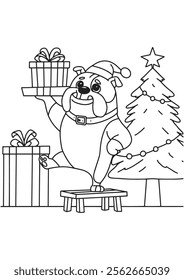 Coloring book cute dog bring christmas gift box 