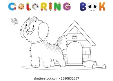 Coloring book of cute dog with butterfly and a dog house, vector catoon illustration