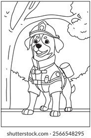 Coloring book cute dog firefighter illustration