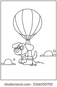 Coloring book cute dog fly with big balloon illustration 