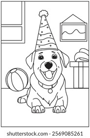 Coloring book cute dog lying in the floor wearing birthday hat