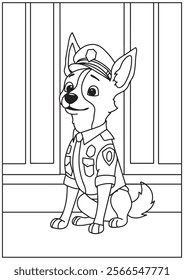 Coloring book cute dog police pose standby 