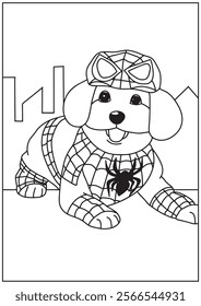 Coloring book cute dog pose as a spider act