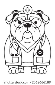 Coloring book cute dog wearing glasses and scientist suit illustration