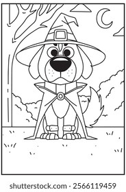 Coloring book cute dog wearing witch costume in the forest nature 