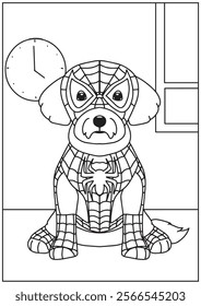 Coloring book cute dog wearing spider costume pose in the room 