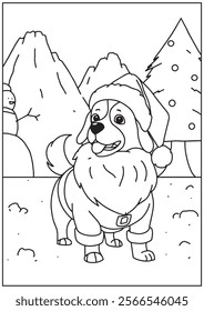 Coloring book cute dog wearing santa hat ready for christmas 