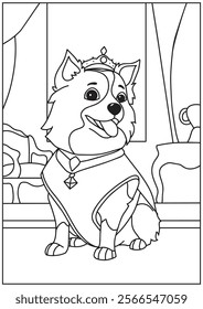 Coloring book cute dog wearing crown pose standing illustration