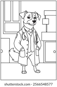 Coloring book cute dog wearing doctor costume standing in the room 