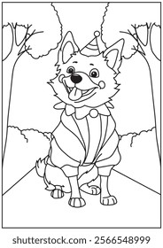 Coloring book cute dog wearing birthday costume in path forest illustration