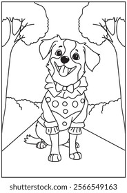 Coloring book cute dog wearing clown costume standing in path garden 