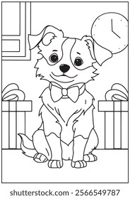 Coloring book cute dog wearing bowties standing with christmas gift box