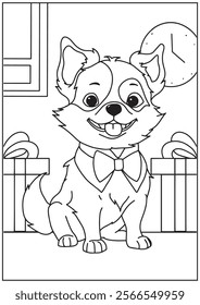 Coloring book cute dog wearing bowties pose happy face