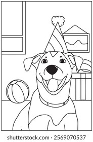 Coloring book cute dog wearing cute paper hat illustration 