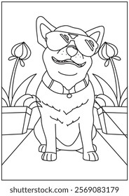 Coloring book cute dog wearing glasses with flower pot in background 