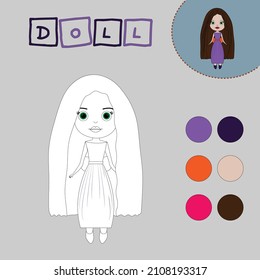 Coloring book of a cute doll. Educational creative games for preschool children
