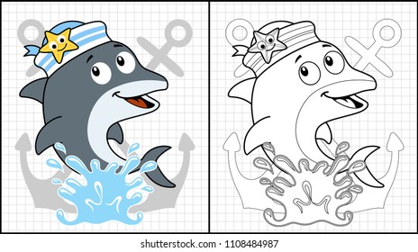 coloring book of cute dolphin in sailor cap with starfish on anchors background