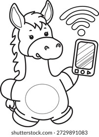 Libro para colorear del icono de la etiqueta engomada del burro lindo. Esquema de Donkey traer un teléfono