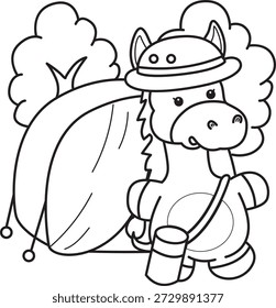 Libro para colorear del icono de la etiqueta engomada del burro lindo. Esquema de burro en el campamento