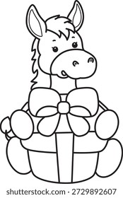 Libro para colorear del icono de la etiqueta engomada del burro lindo. Esquema de burro traer una caja de regalo