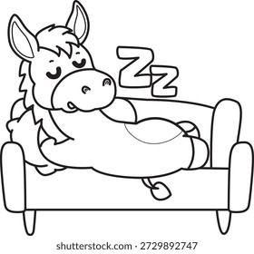 Libro para colorear del icono de la etiqueta engomada del burro lindo. Esquema de burro tendido en el sofá 
