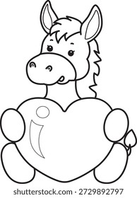 Libro para colorear del icono de la etiqueta engomada del burro lindo. Esquema de burro traer un amor rosa