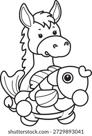 Libro para colorear del icono de la etiqueta engomada del burro lindo. Esquema de burro traer un pez de oro